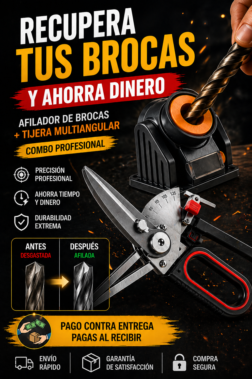 Combo Afilador de Brocas + Tijera Multiangular Profesional 2 en 1 | Precisión Total en Segundos