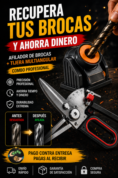 Combo Afilador de Brocas + Tijera Multiangular Profesional 2 en 1 | Precisión Total en Segundos